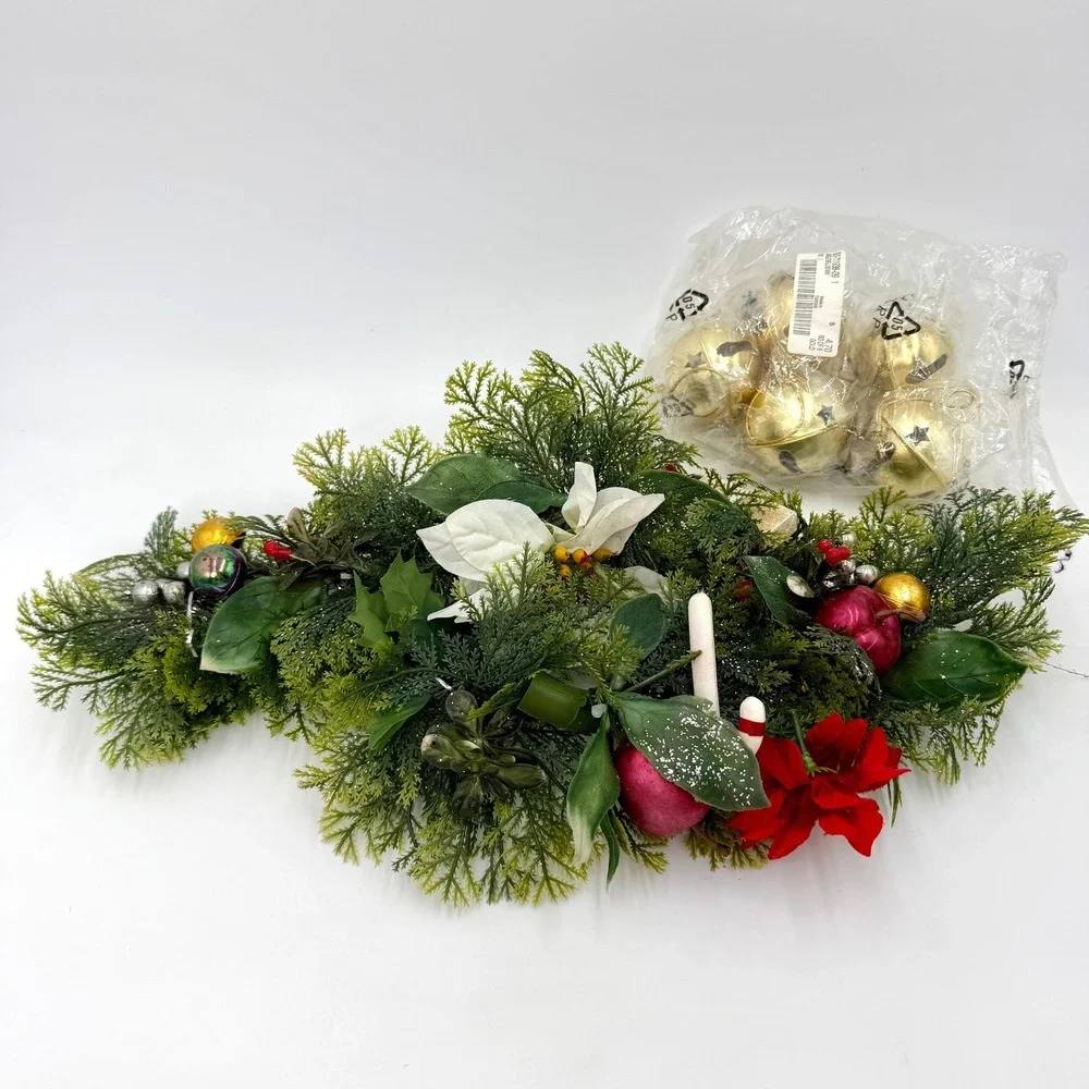 VTG‎ Christmas Plastic Greenery Centerpiece Candle Decor and 5 Golden Bells